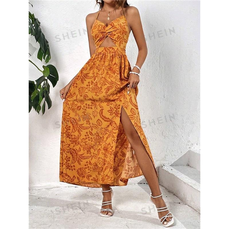 Women's Summer New Style Hollow Twisted Pleated Halter Printed Dress Temperament Romantic Beach Casual Long Skirt