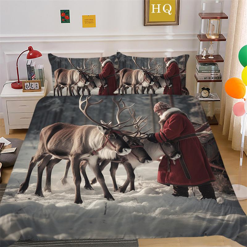 Jultomte Älg 3D-printad Polyester Kuddfodral Täcke Överdrag Två Eller Tre Delars Set
