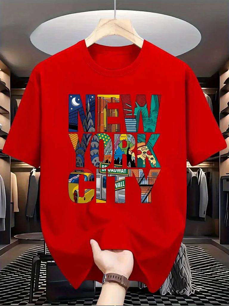 Men'S Casual Crew Neck T-Shirt with New York Letter Print, Knit Fabric, Slight Stretch, Regular Fit, Summer Short Sleeve Top