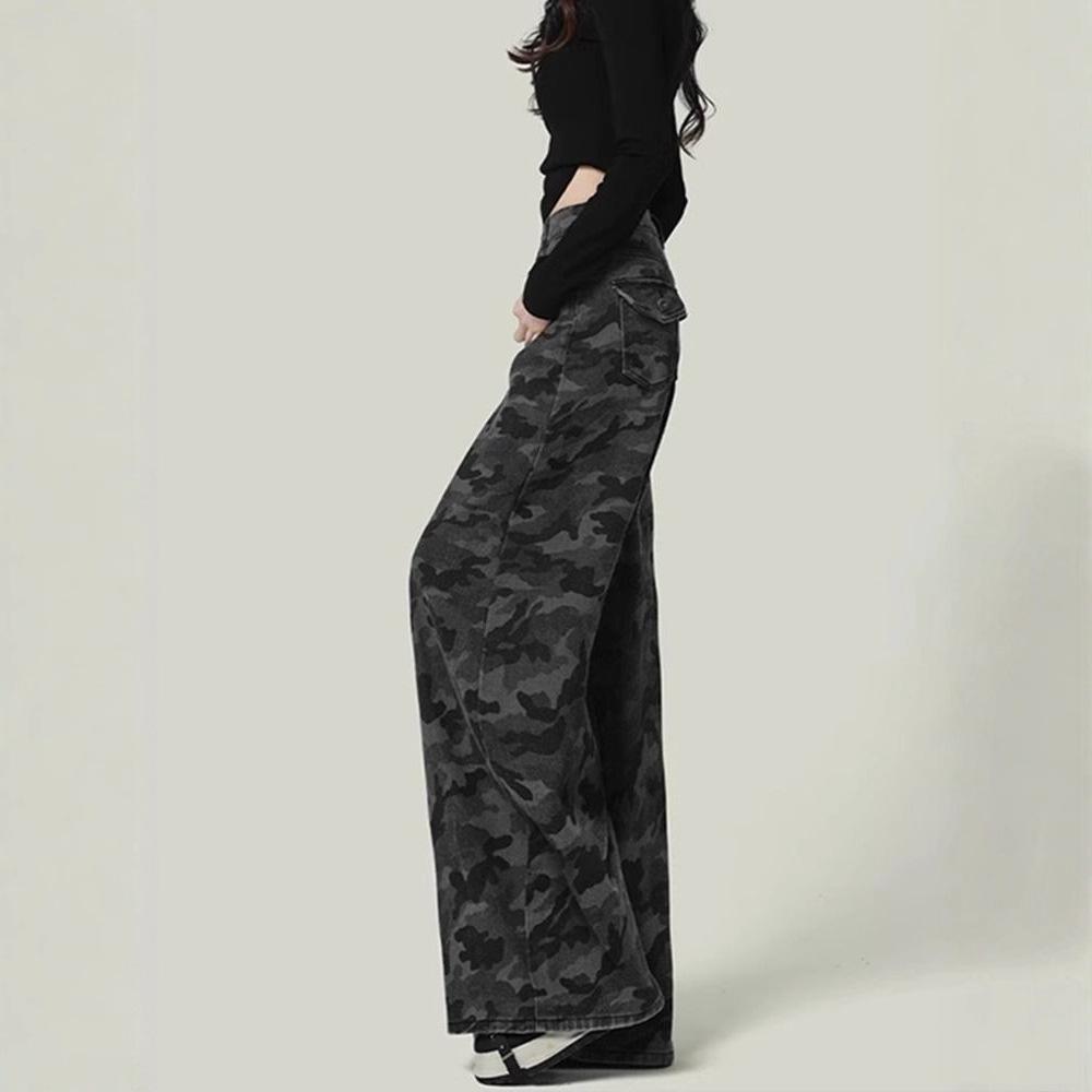 High-waisted Workwear Denim Camouflage Wide-legged Trousers Female Loose Straight Big Yards Casual Trousers Jeans for Women Long Denim Pants