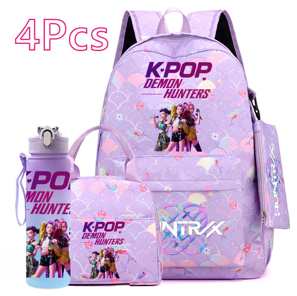 Set da 4 pezzi/set Zaino stampato KPOP cartone animato con borsa a mano astuccio borraccia da 750 ml per adolescente ragazzo ragazza zaino di grande capacità borsa da scuola zaino
