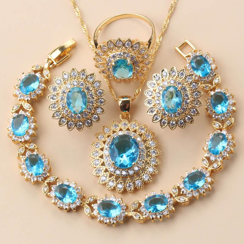 African Wedding Necklace Big Sunflowe Jewelry Sets  Gold Plated Luxury Woman Earrings Charm Bracelet And Ring Bridal Costume