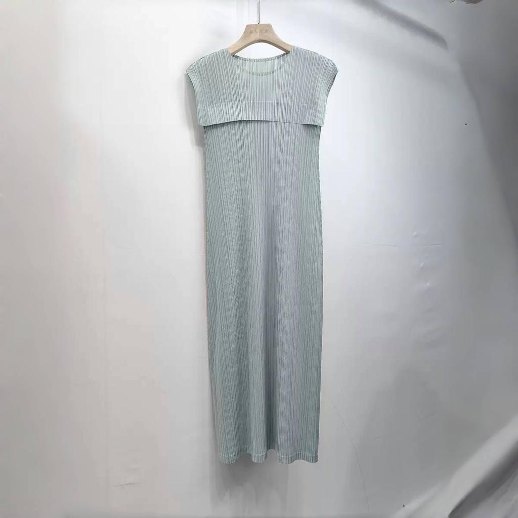 LYRIA Pleated Splicing Dress New Temperament Round Neck Sleeveless Comfortable Casual Peplum Long Skirt