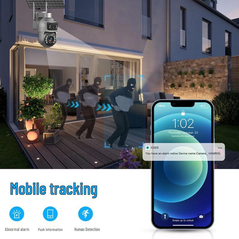 Solar-Powered Dual-Lens Surveillance Camera, 10X Zoom, Full Color, Outdoor Waterproof, Mobile Alarm Monitoring.