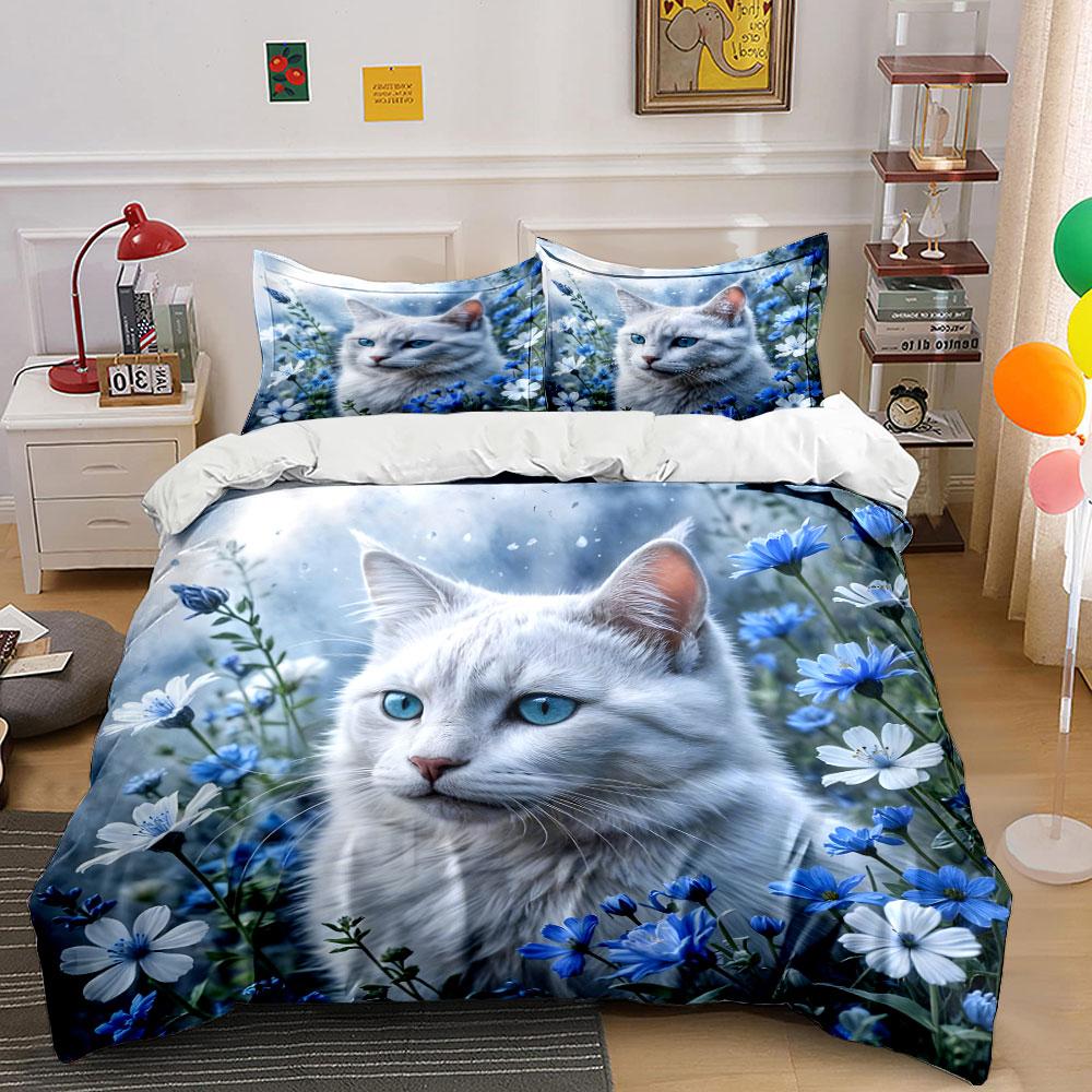 "Floral Cat Art Decoration Set" Soft Skin-Friendly Bedding Set Includes 1 Duvet Cover And 2 Pillowcase, Gift