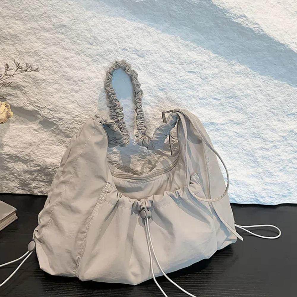 Solid Color Drawstring Tote Bag Lightweight  Nylon Crossbody Bag Style Breathable Pleated Shoulder Bag