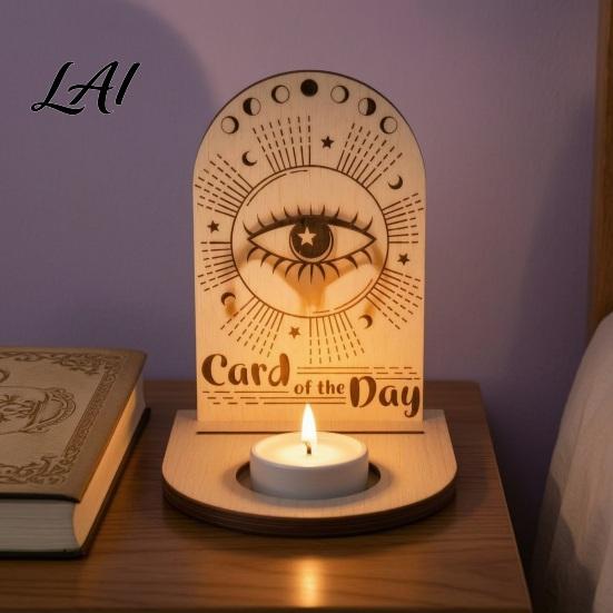 Decorative Tealight Stand Wooden Tarot Card Holder Stand of The Day Candle Holder Moon Rustic Home Decor Sun Star Pattern Altar Display for