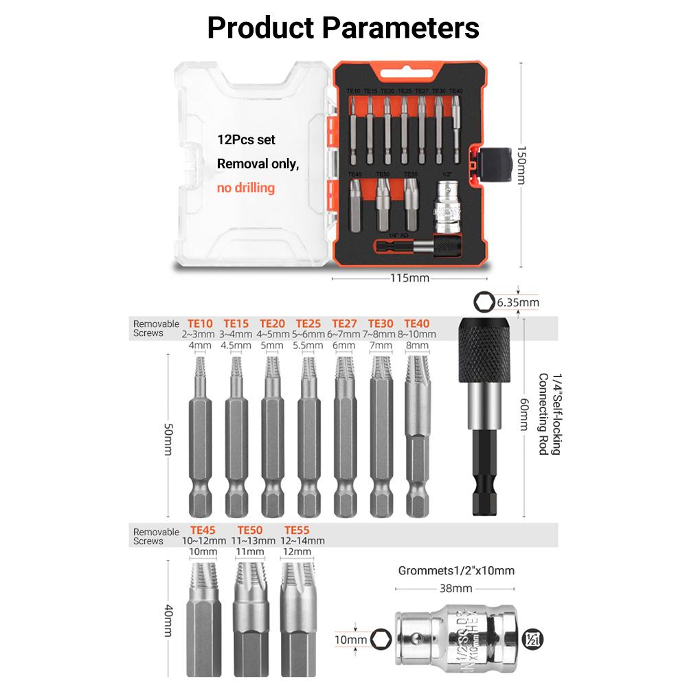 12 stk skadet skruetrekkersett, fjerner for skruer med avisolert hode Muttere og bolter Borverktøy