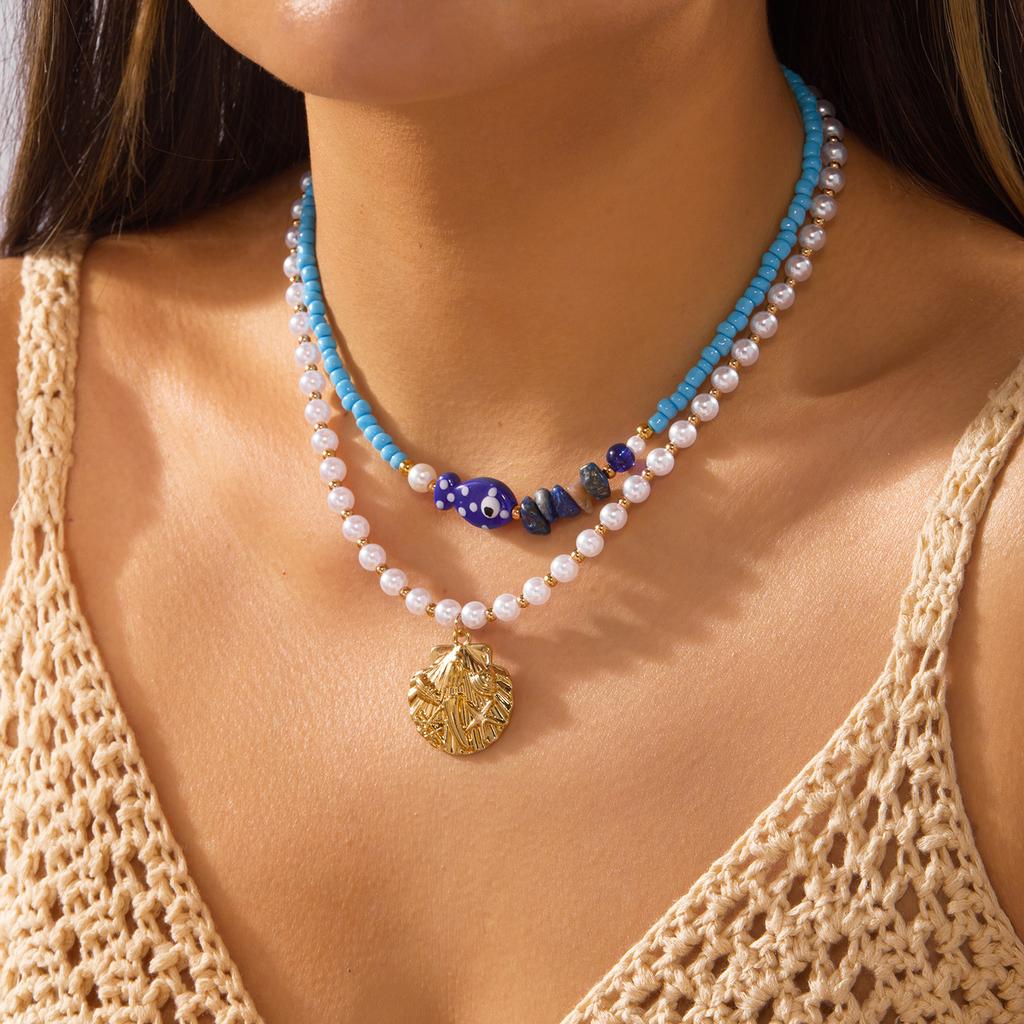 Bohemian Double Layer Seashell Necklaces For Women Handmade White Rice Beads Shell Short Collar Choker Beach Party Neck Zircon