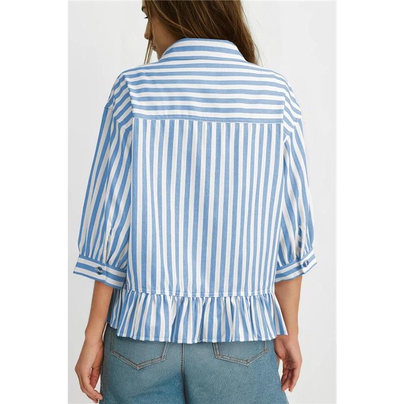 Casual Button Seven Quarter Sleeve Commuting Striped Shirt