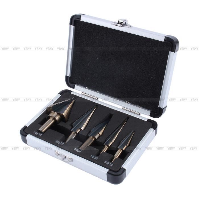 Tapered Drill Bit - HSS - Set of 5 Pieces - Titanium Coating - Hexagonal Shank - Reduces Friction