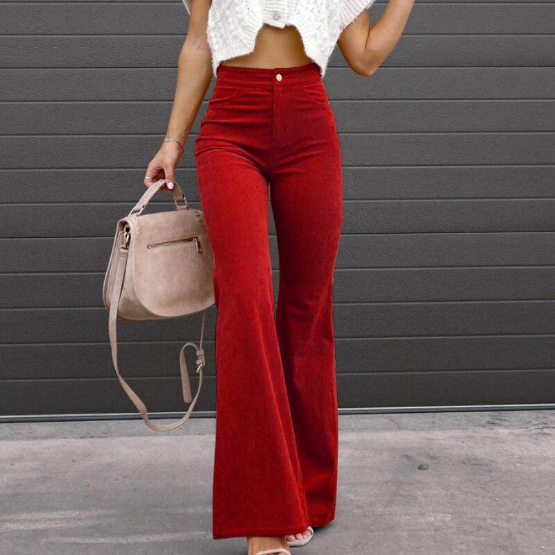 Pantaloni svasati casual primaverili da donna per ufficio, pantaloni a vita alta slim in velluto a coste tinta unita con elastico in vita, eleganti 25780