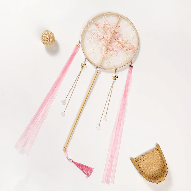 Children's Hanfu Catwalk Round Fan: Ancient Style Embroidered Long Handle Dance Fan with Ribbon