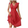 Summer Women V-Neck Beach Dress Flare Sleeve Solid Color Hollow Lace Waist Dress Casual Beach Holiday Dresses