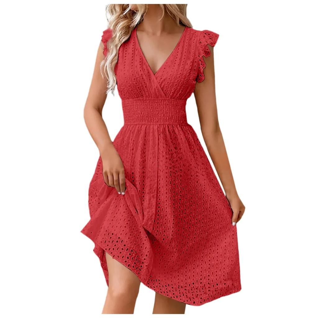 Summer Women V-Neck Beach Dress Flare Sleeve Solid Color Hollow Lace Waist Dress Casual Beach Holiday Dresses