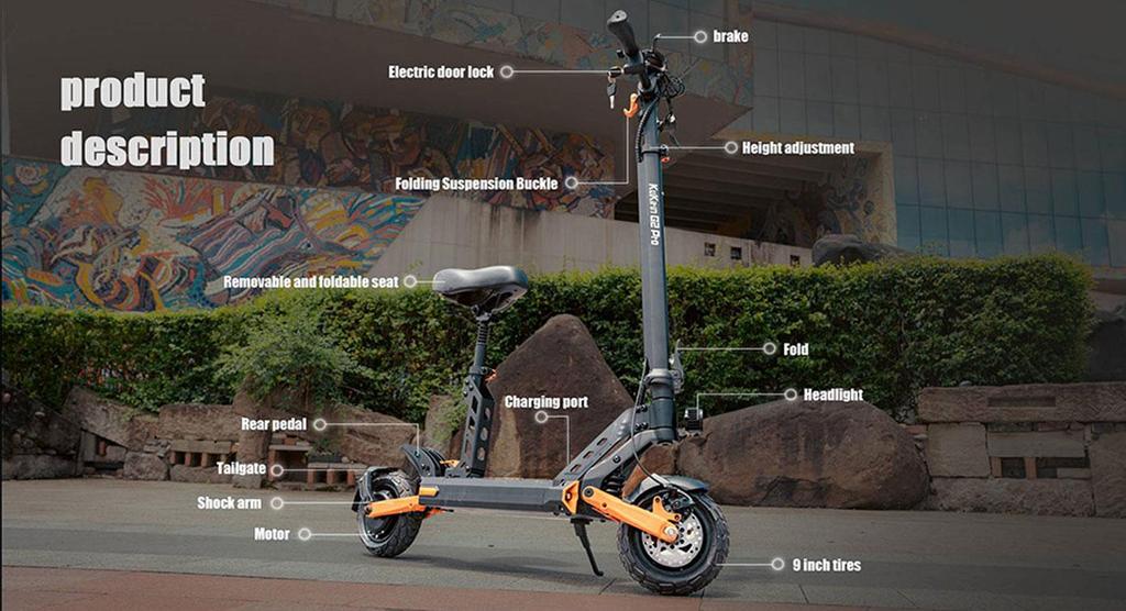 Elektromos roller összecsukható Kukirin G2 Pro 600W motor végsebesség 45Km/h kivehető üléssel 48V 15.6AH hatótáv 58Km terhelhetőség 120Kg