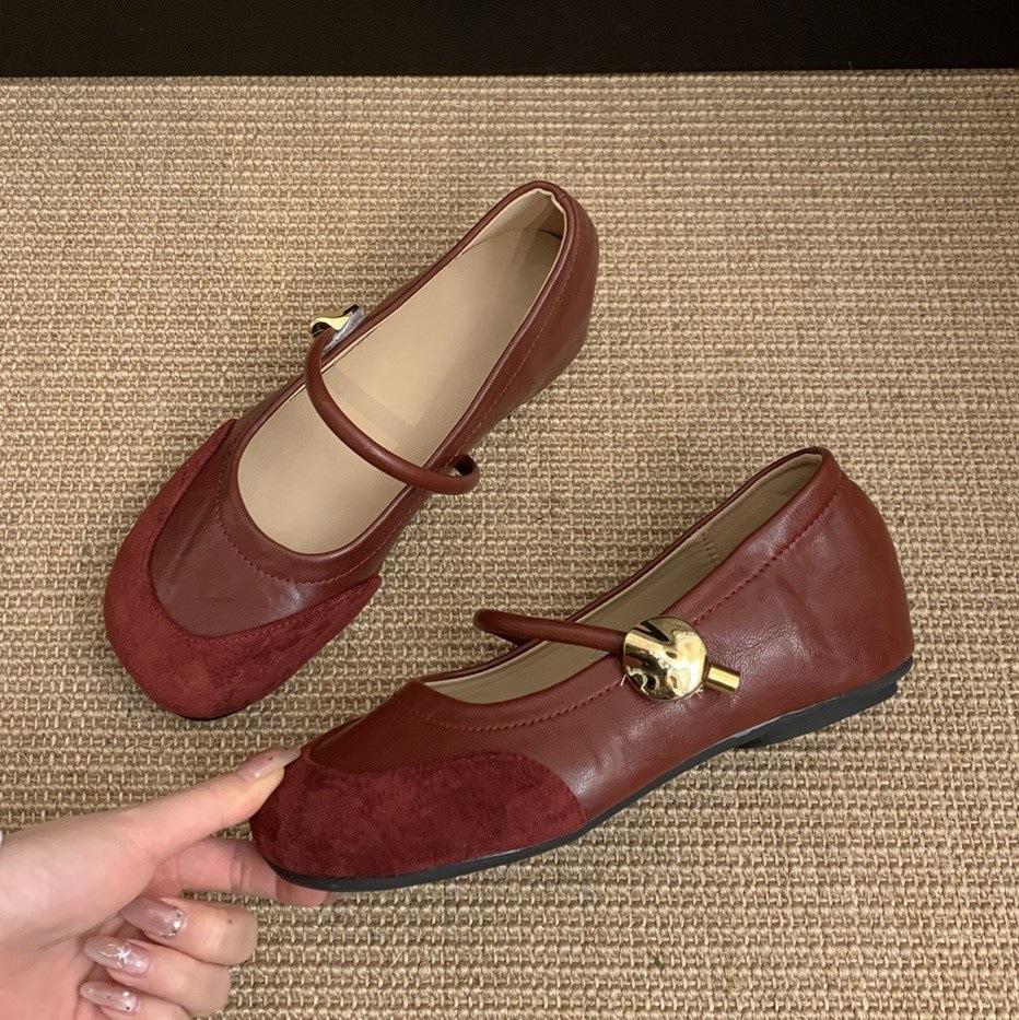 Red Mary Jane Shoes Women's Shoes Spring and Autumn New Round Head Soft Sole Soft Surface Inner Height Increase Word with Shallow Mouth French Single