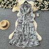 French light luxury celebrity temperament dress women's high-end sense strap waist three-dimensional flower lantern sleeve printed long dress