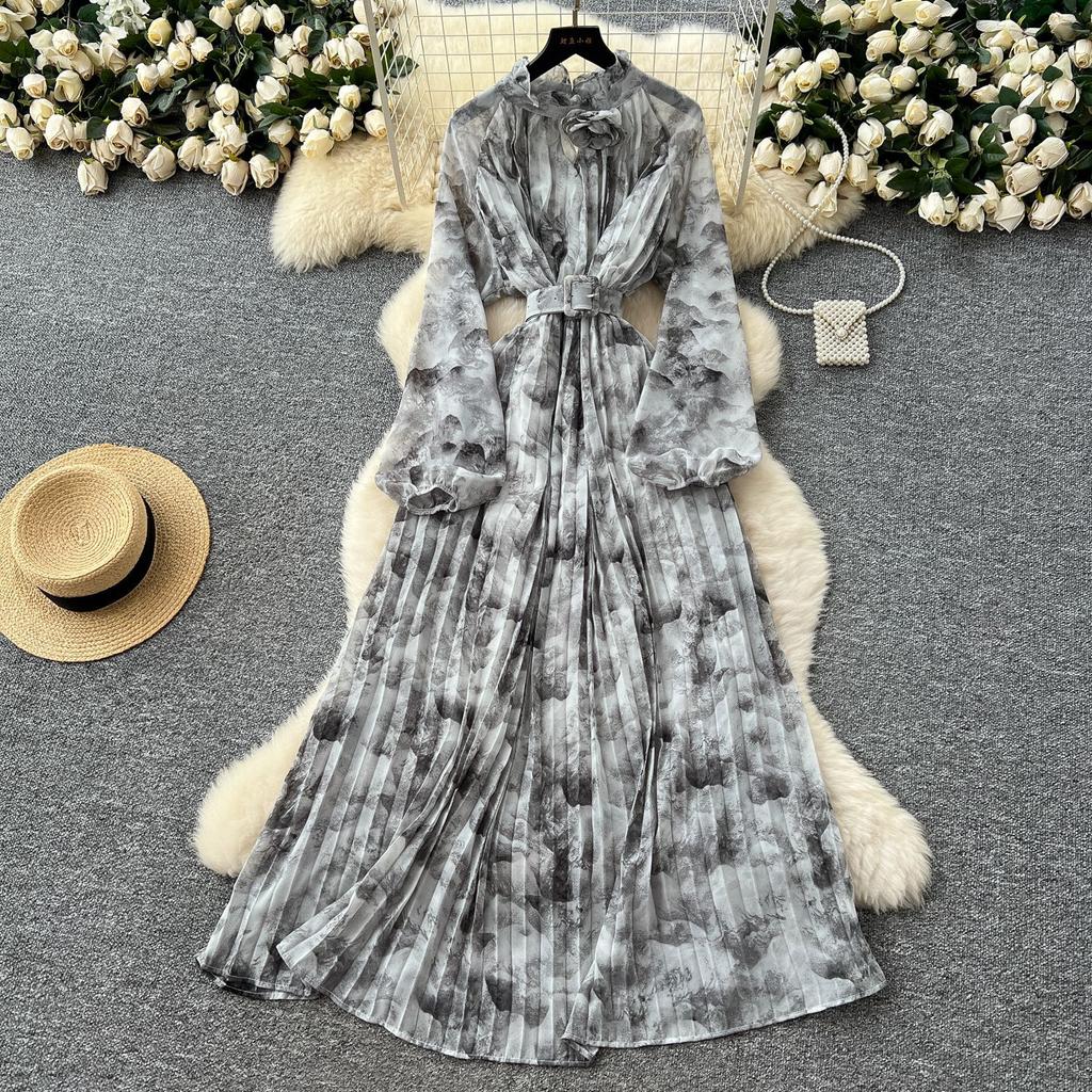 French light luxury celebrity temperament dress women's high-end sense strap waist three-dimensional flower lantern sleeve printed long dress