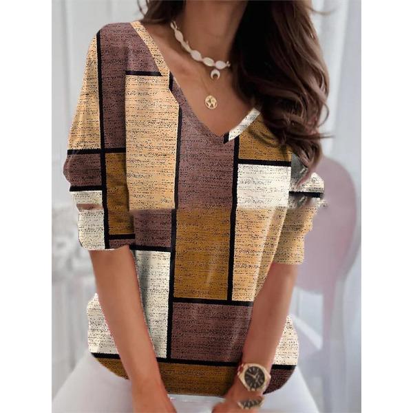 Color Blocked Plaid V-neck Top for Women, Fashionable Contrasting Loose Casual T-shirts