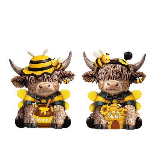 2Pcs Wooden Bee Hand Painted Resin Highland Cow Figurine Decoration for Home