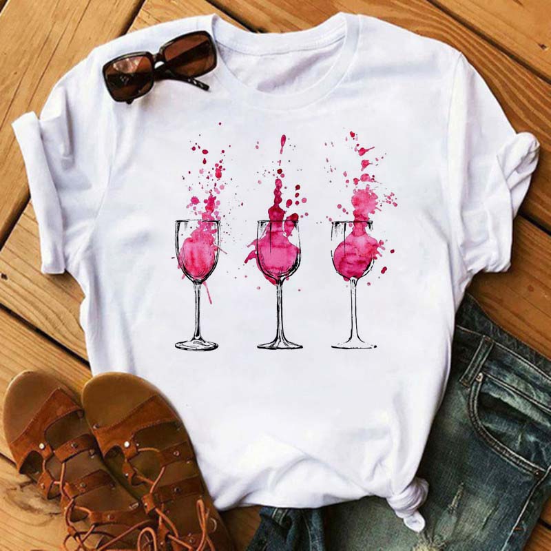 New Women T-Shirt Casual Short Sleeve T Shirt Women's Fashion Rose Red Wine Glass Printed Black T-Shirt Female Tops Tees
