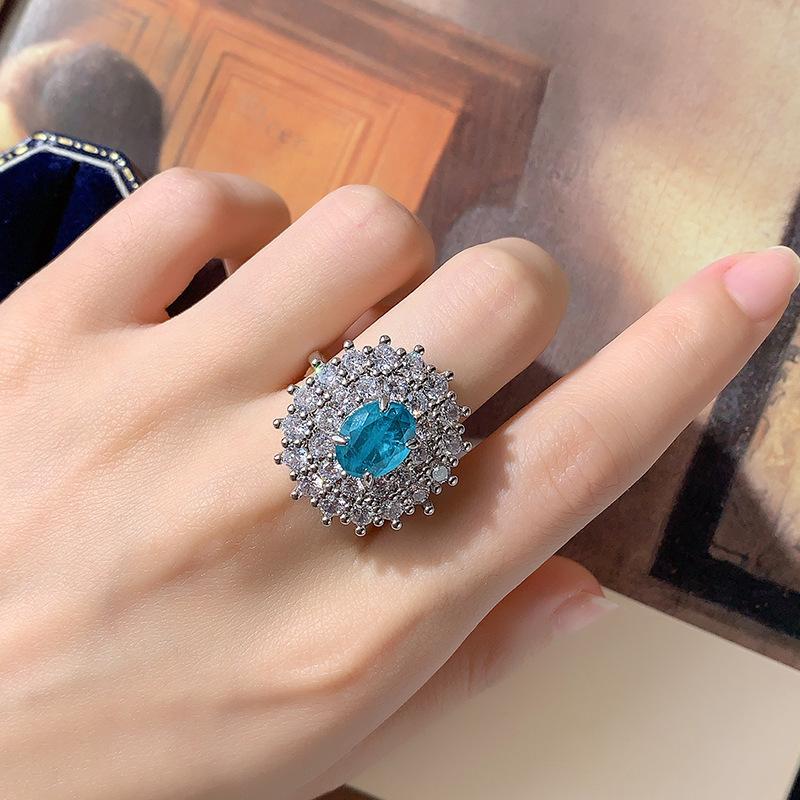 Premium Retro Blue Imitation Natural Paraiba Light Luxury Light Blue Zircon Jewelry Temperament Ring