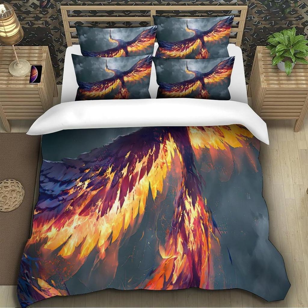 Phoenix Duvet Cover for Adult Teen,Fiery Phoenix Bedding Set with Pillow Cases,Dreamy Sky Clouds Printed Microfiber Quilt Cover
