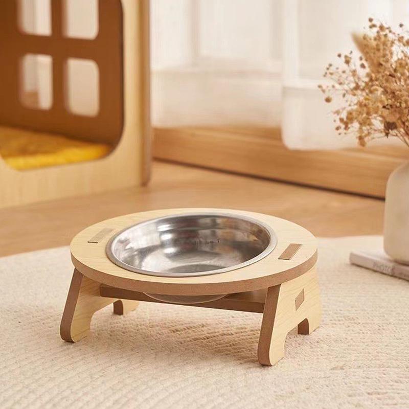 Elevated Pet Bowls Tilted Single/Double Cat Stainless Steel Food Bowls Wooden Dog Water Feeding Container Cat Supplies