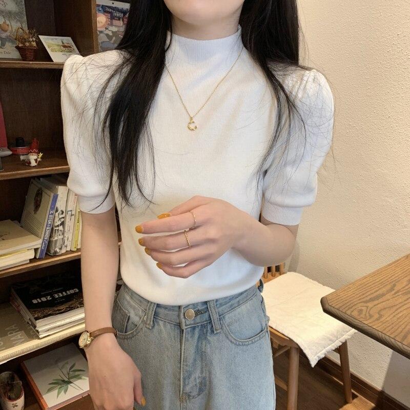 

Летняя винтажная трикотажная блузка с пышными рукавами женская корейская повседневная элегантная женская рубашка с полувысоким воротом модные тонкие однотонные топы 25244 One Size белый