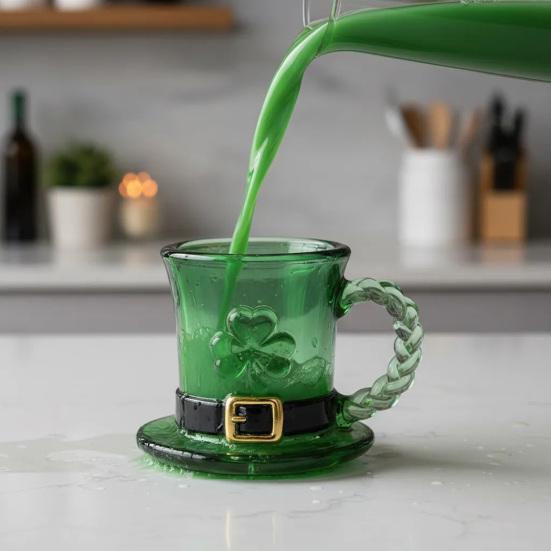 Mug Top Hat Shape Green Coffee Cup with Embossed Clover St Patrick Day Party Holiday Decoration Cold Heat-Resistant Drinkware