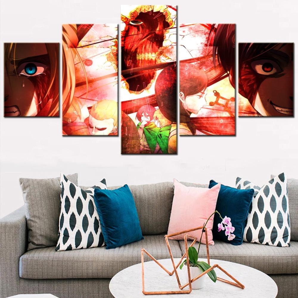 5 Pieces Canvas Wall Art Poster Painting Anime Attack On Titan Picture Print Home Decor Living Room Bedroom Mural For Teenagers