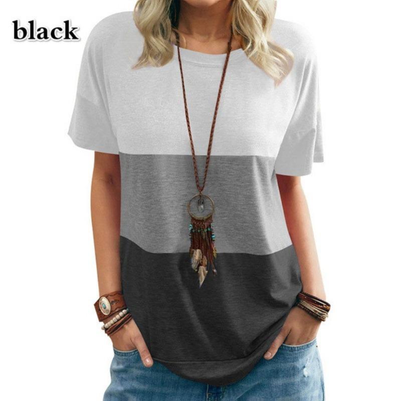 Spring Summer Women's Color Blocked T-shirt Pocket Round Neck Short Sleeve Loose Top