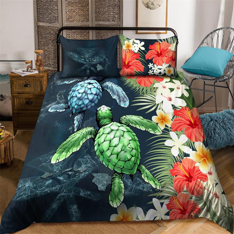 Hibiscus Floral Duvet Cover Tribal Polynesian Turtle Bedding Set Hawaiian Polyester Comforter Cover King Size For Kid Adult Teen