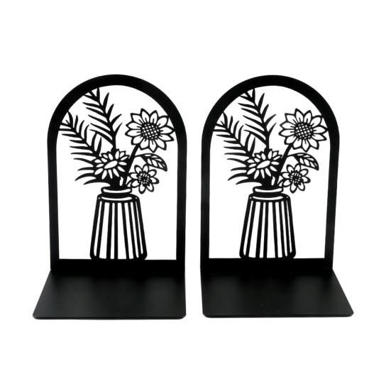 1 Pair Flower Metal Bookends Decorative Flower Vase Book Ends for Shelves Black