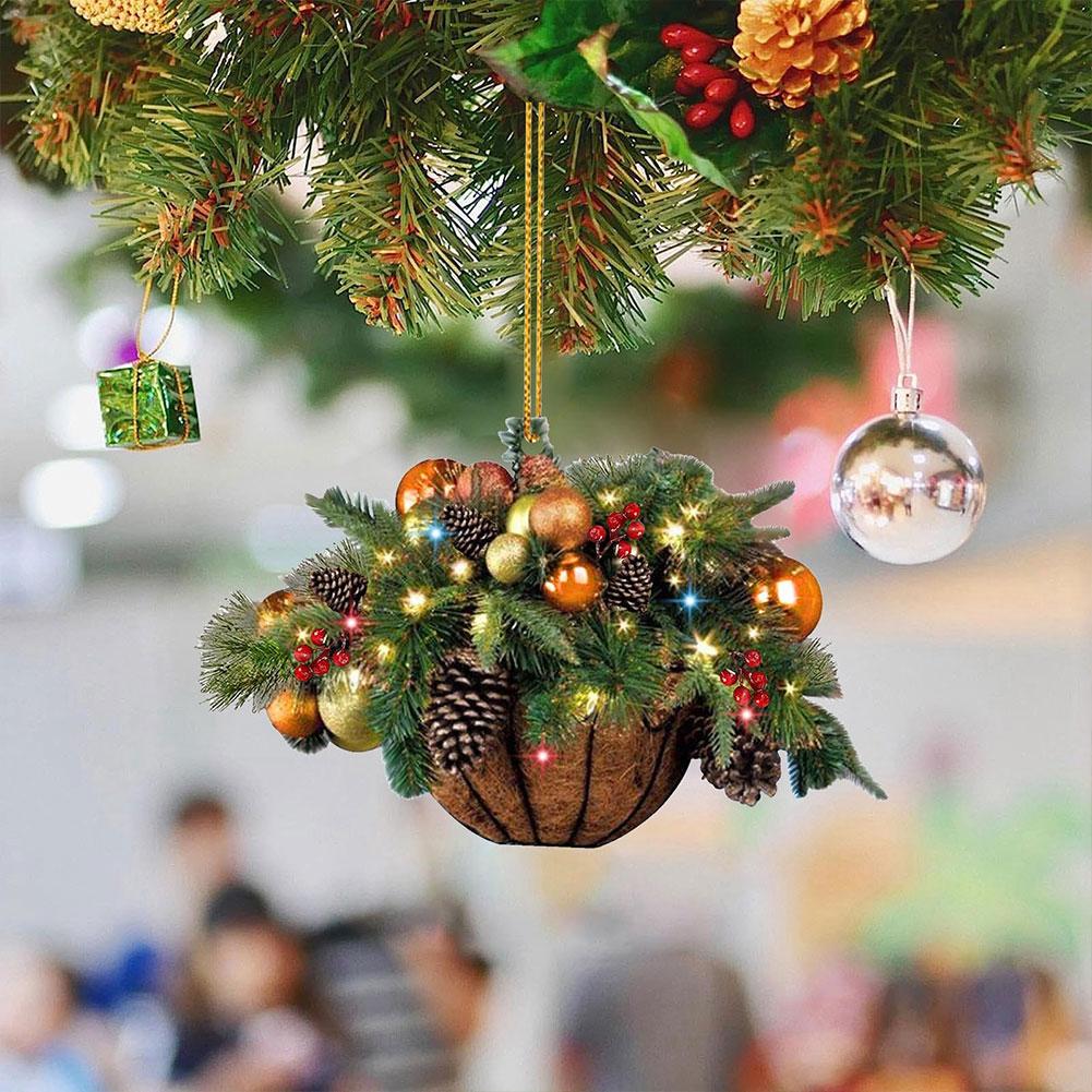 Wooden Mini Artificial Hanging 2D Flower Basket Pine Branch Pinecone Xmas Tree Ornament Christmas Pendant Decoration 2024