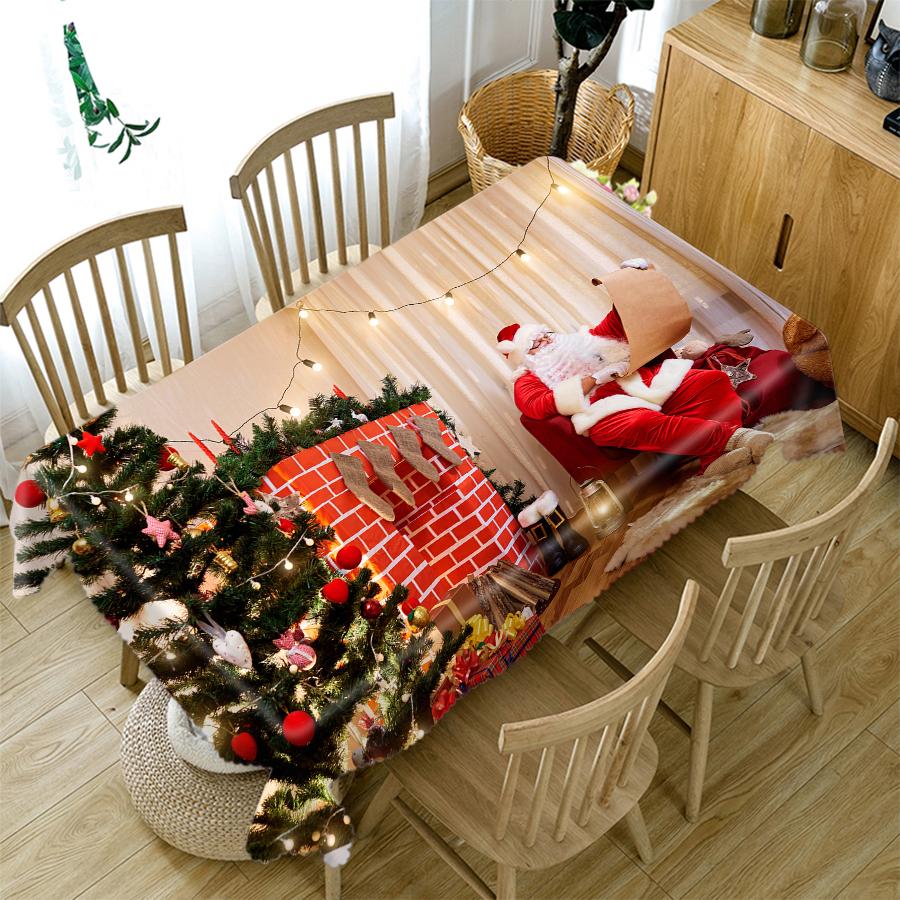 Christmas Tree Tablecloth Santa Claus Gift Rectangular Round Table Cover Towel Holiday Decor