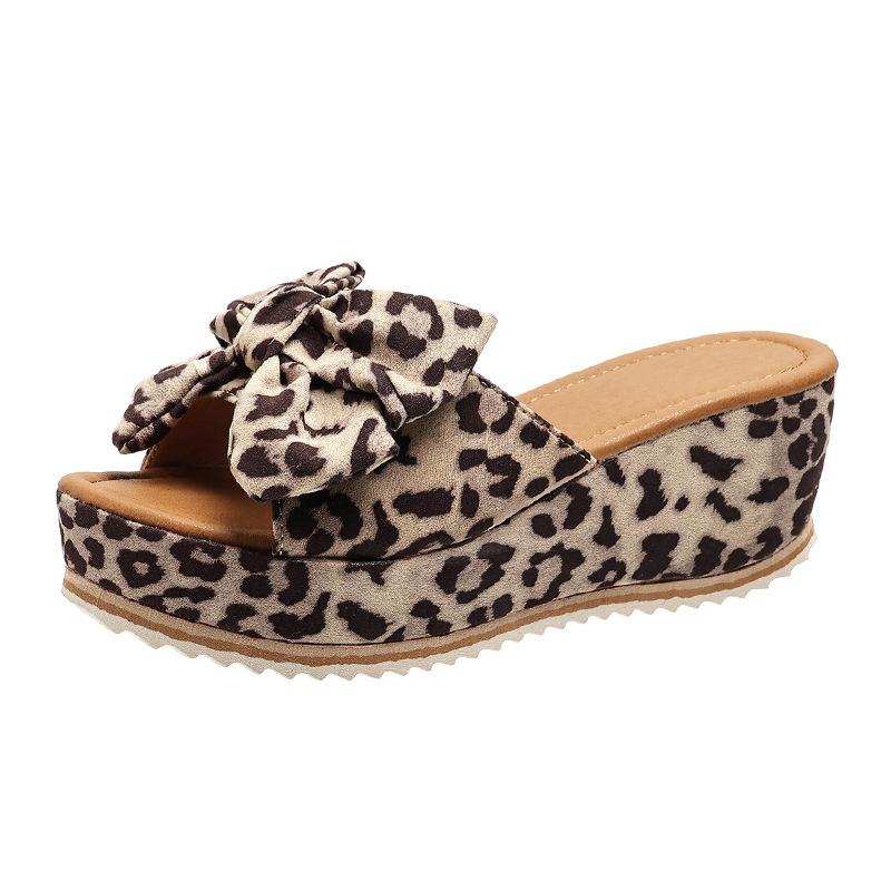 European and American Foreign Trade Large Size Bow Thick-soled Slippers Female Leopard Print Cloth Surface One-character Slope Heel Cool Slippers Fema
