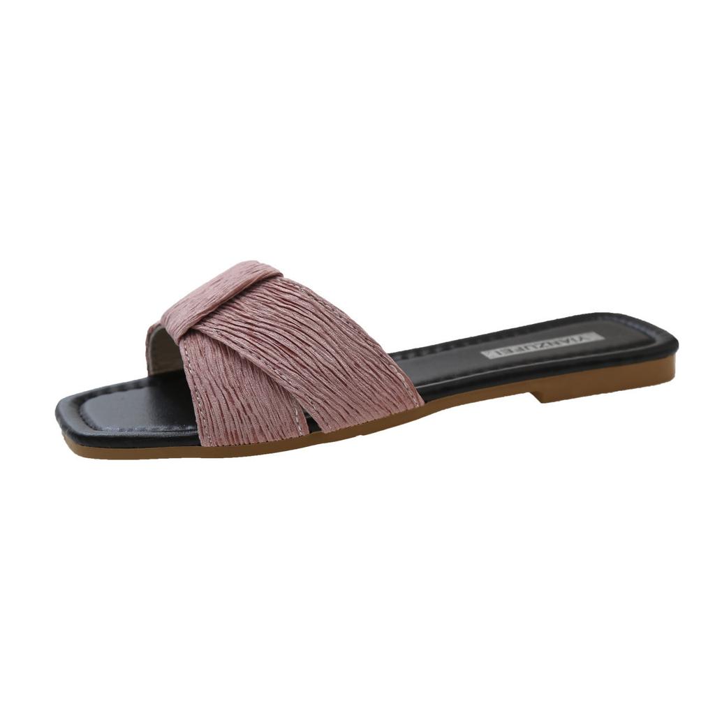 Einfache gestreifte Slipper mit flachem Boden, ein Pedal, lässig cool, Oberbekleidung für Damen, Sommer 2025, neue eckige Zehenpartie, leichte Strandschuhe