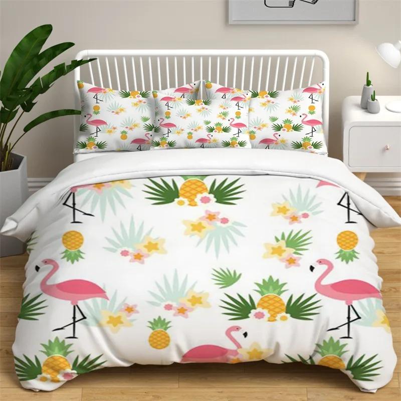 Flamingo Duvet Cover Palm Leaves Comforter Cover for Girls Boys Teens Cute Animal Tropical Botanical Bedding Set Twin King Size