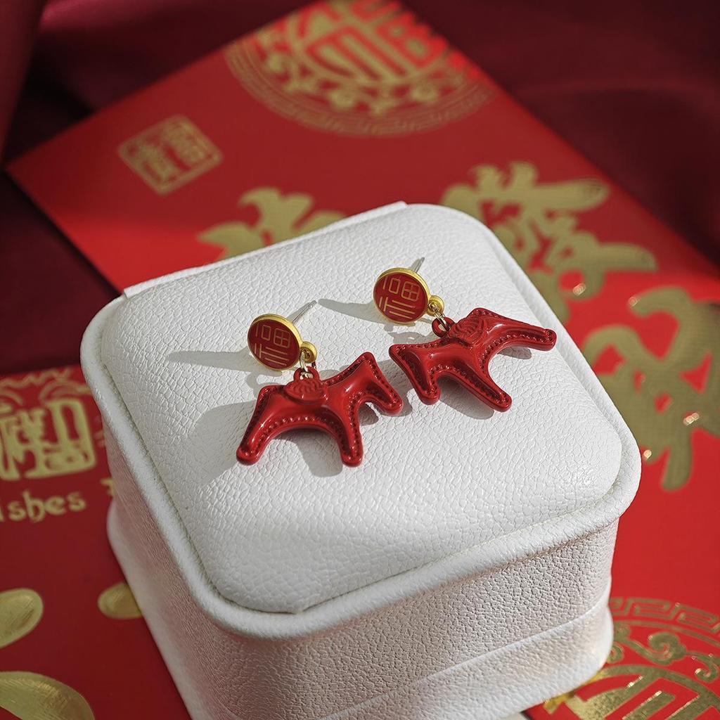 Year of the Horse 925 Sterling Silver Diamond Enamel Stud Earrings with Pearls - Retro High-End Design