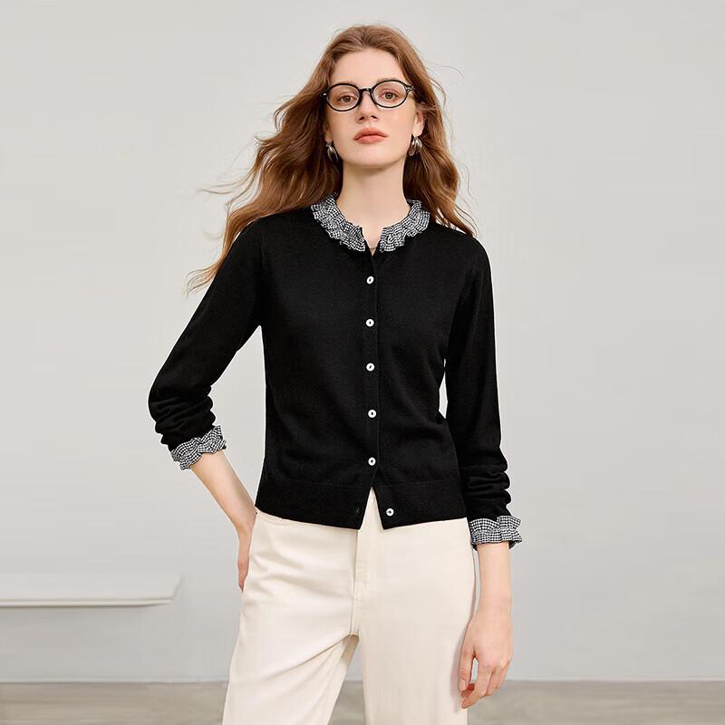 

Women s Merino Wool Blend Ruffle Round Neck Plaid Patchwork Knitted Cardigan L