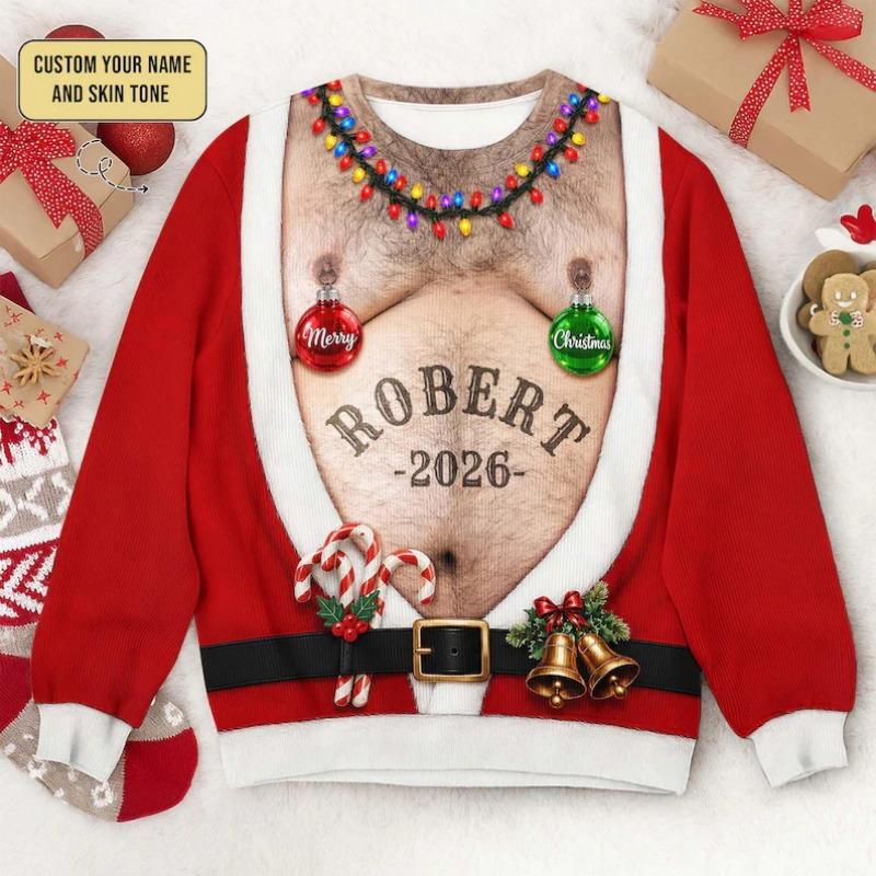 New Santa Hairy Chest Tattoo Illusion Christmas Sweatshirt Novelty Fake Suit Graphic Pullover Unisex Funny Party Tops