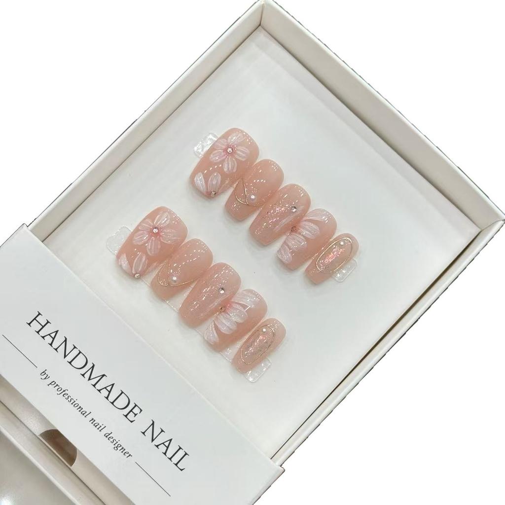 Handmade Cat Eye Coffin Almond French Coffin False Nails Pink 3D Flower Press Nail Sticker Design Acrylic Artificial Fingernails