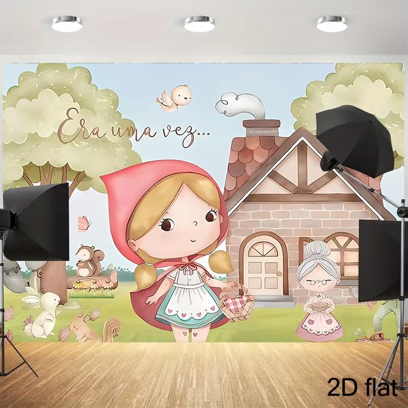 2D Watercolor Red Riding Hood Backdrop, Cute Wolf & Grandma Banner
