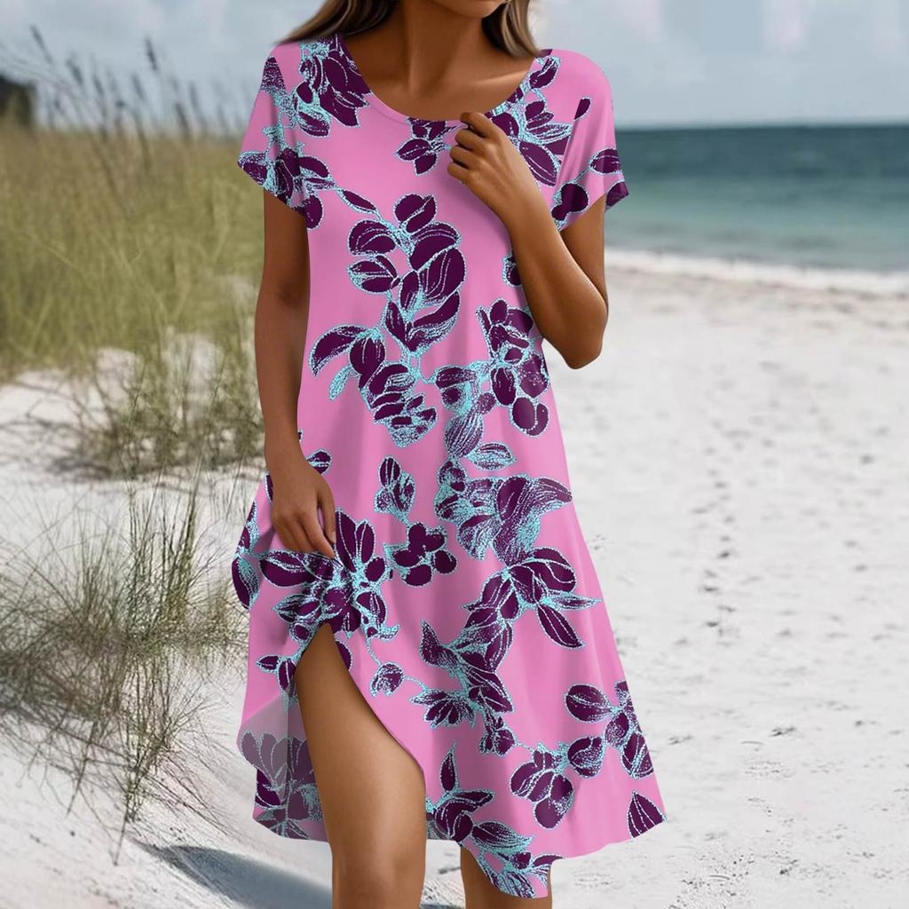 Women's Summer Short Sleeve Round Neck Floral Print Bohemian Dress With Pockets