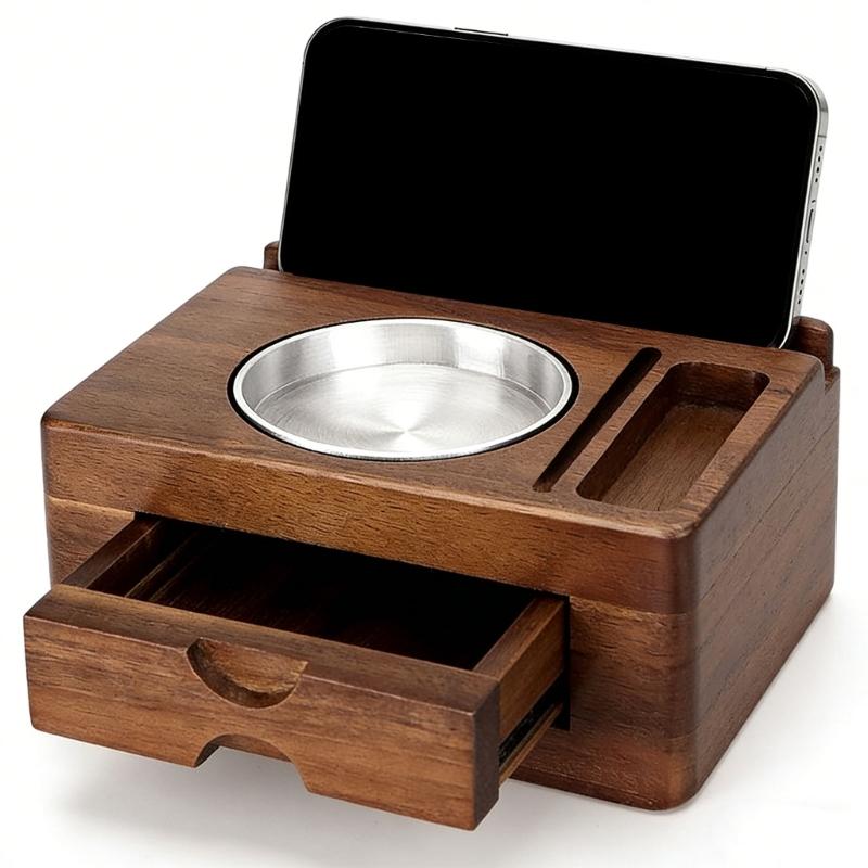 Wooden Phone Holder and Tablet Stand Set Including Accessory Storage Drawer and Detachable Ashtray for Home Office
