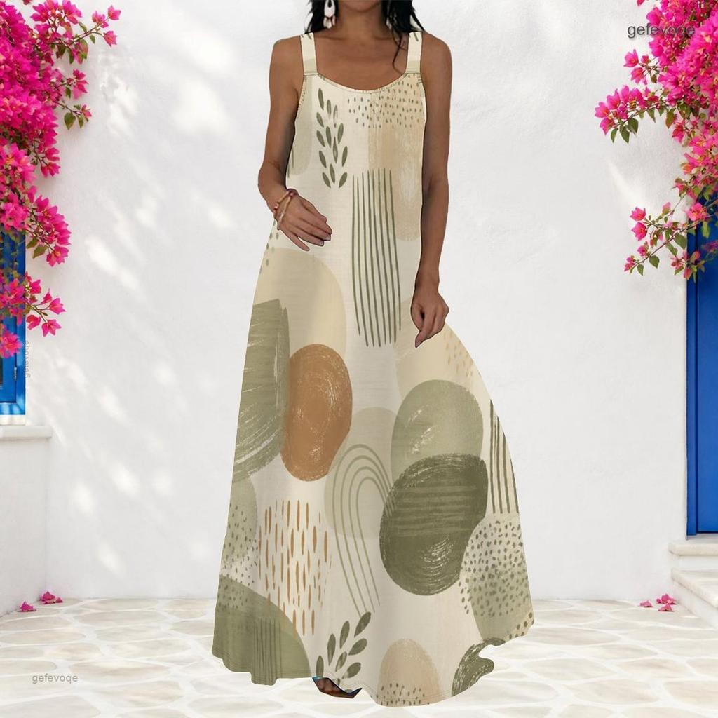 Women Plus Size Scoop Neck Strappy Sleeveless Printed A Line Maxi Dress