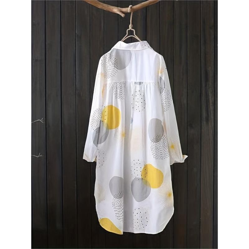 Long Sleeve Thigh Length Blouse Allover Print Button Front Blouse, Casual Long Sleeve Thigh Length Blouse For Spring & Fall, Women's Clothing