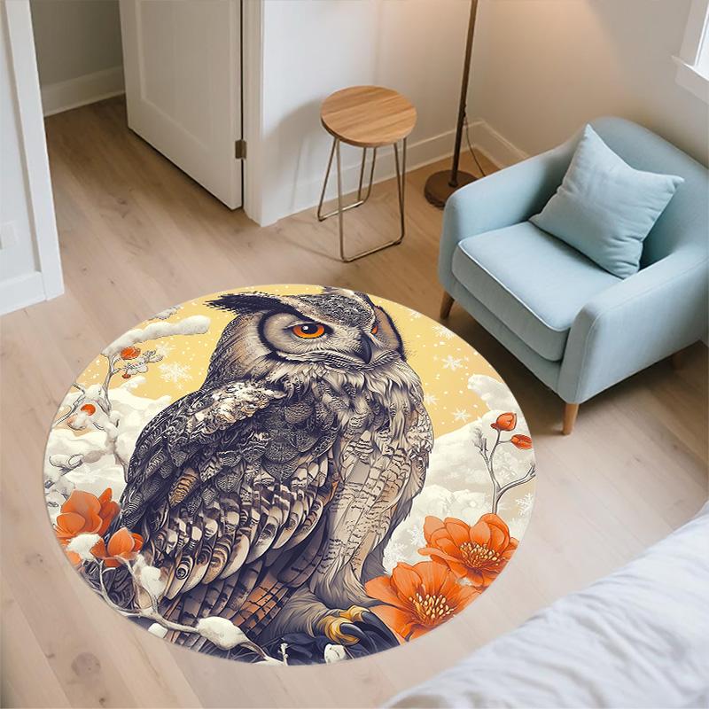 Vintage Flower Owl,Round Area Rug,Carpet Rug for Living Room Bedroom Sofa Playroom Decor,Non-slip Floor Mat